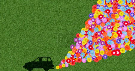 Laufendes Auto pustet Blumen aus Auspuff
