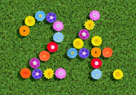 number written with colorful flowers on green background