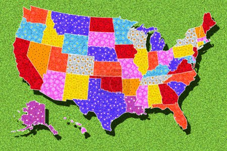 Mapa y esquema de los Estados Unidos y sus estados, diseñado con flores