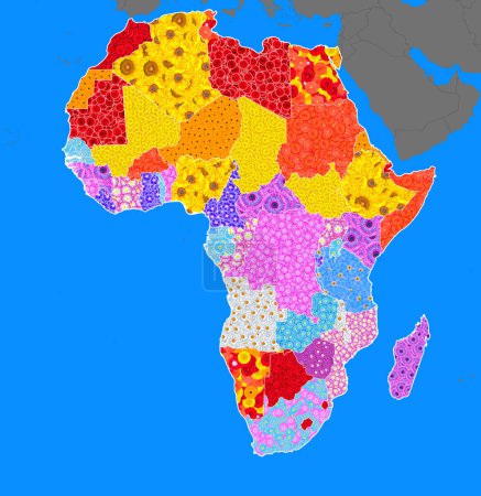 Foto de Mapa, contorno de África, los países diseñados con flores de diferentes colores - Imagen libre de derechos