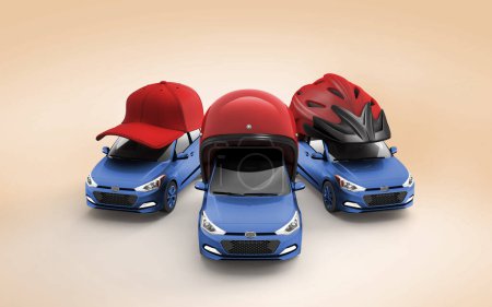 Spielzeugmodellautos mit Hüten und Mützen 3D-Illustration