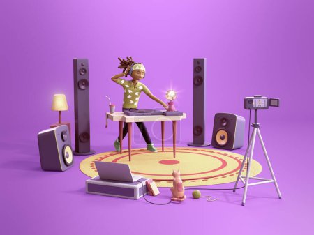 DJ jouant de la musique et du streaming - illustration 3D de la maison de dessin animé
