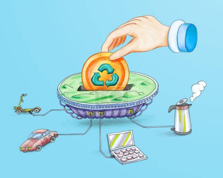 Photo for Electricity illustration - floating island connected to common things we use with hand putting a coin in it - Royalty Free Image
