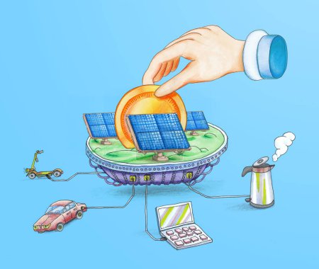 Photo for Electricity illustration - floating island with solar panels with hand putting a coin in it - Royalty Free Image