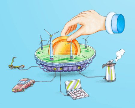 Photo for Electricity illustration - floating island with solar panels connected to common things we use with hand putting a coin in it - Royalty Free Image