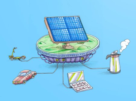 Electricity illustration - - floating island with solar panels connected to common things we use