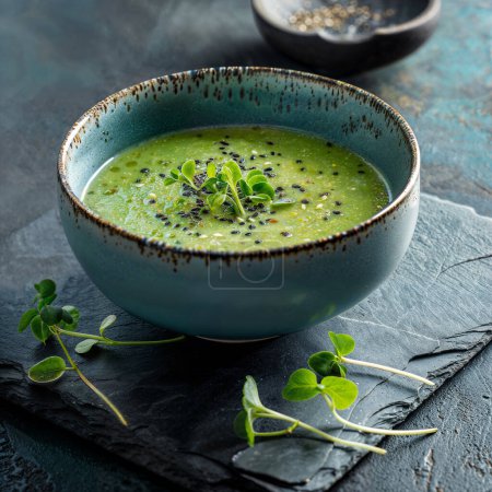 Green Caldo verde soup on dark slate background
