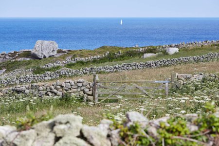 Isles of Scilly, Großbritannien - Alte Steinmauer trennt Wiesen in der Nähe von Peninnis Head, Meer mit Segelboot im Hintergrund