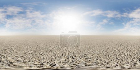 360 degree full panorama environment map of empty dessert dust landscape with blue sky clouds and horizon. 3d render illustration hdri hdr vr virtual reality content empty blank environment template
