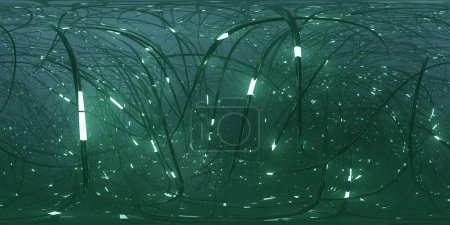 360 degree full panorama environment map of abstract futuristic electric metal cable enironment. 3d render illustration hdri hdr vr virtual reality content futuristic innovation cyber punk neon sci-fi