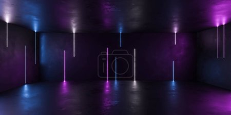 Foto de Entra en una escena cautivadora con una habitación oscura iluminada por vibrantes luces púrpura y azul. - Imagen libre de derechos