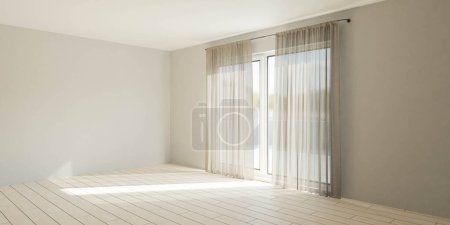 Photo for A simple, unoccupied room with a window and curtains - Royalty Free Image