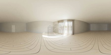 Téléchargez les photos : Une pièce au design intérieur créant une illusion d'espace et reflétant l'environnement. panorama équirectangulaire 360 degrés vr contenu de réalité virtuelle - en image libre de droit