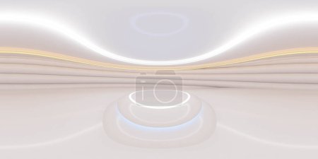 Foto de Una sala blanca con una luz circular en el centro con un podio situado en el centro, proporcionando una configuración básica para presentaciones, discursos y eventos. 360 panorama vr mapa de entorno 3D render - Imagen libre de derechos