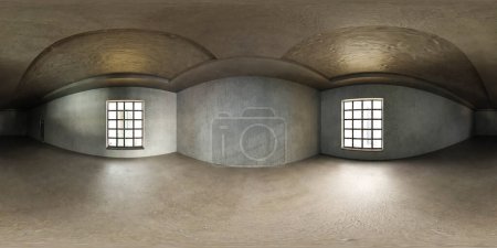 Téléchargez les photos : Chambre simple et sans ornement avec deux fenêtres, architecture de style industriel 360 panorama vr environment map 3D render illustration - en image libre de droit