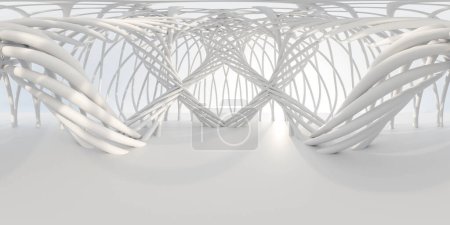 Foto de Estructura de metal con un piso blanco y estructura de alambre orgánico equirectangular 360 grados panorama vr contenido de realidad virtual - Imagen libre de derechos
