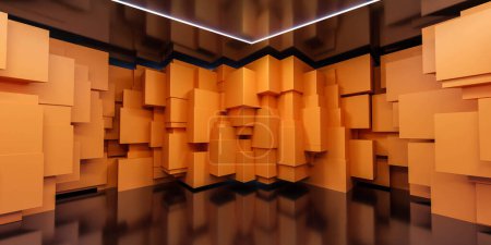 abstraktes minimalistisches Studio mit Wänden aus orangefarbenen Schachteln
