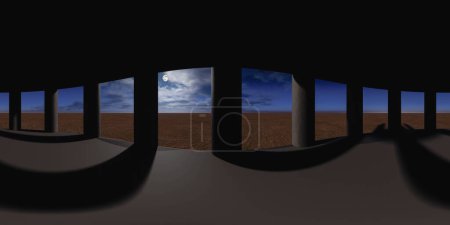 Téléchargez les photos : La vue d'un vaste paysage désertique la nuit à travers plusieurs colonnes. panorama équirectangulaire 360 degrés vr contenu de réalité virtuelle - en image libre de droit