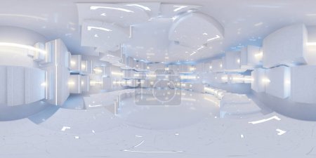 A photograph showcasing a large white room filled with numerous bright lights. equirectangular 360 degree panorama vr virtual reality content