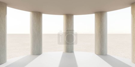 Photo for An unoccupied room featuring tall columns and a scenic view of a wide plane landscape and the bright sky - Royalty Free Image