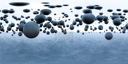 Varias bolas flotando en el aire por encima de un suelo de hormigón, desafiando la gravedad y creando un espectáculo visual intrigante. equirectangular 360 grados panorama vr contenido de realidad virtual