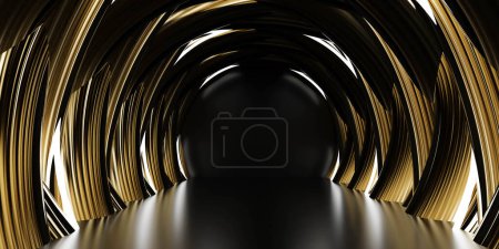 Téléchargez les photos : Illusion détaillée et complexe d'un tunnel spiralé doré créé par des surfaces réfléchissantes qui véhiculent un sentiment de profondeur et d'infini. - en image libre de droit