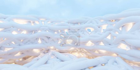 Photo for This image showcases a complex network of interwoven white fibers illuminated by a soft golden light that peeks through the intertwined strands. - Royalty Free Image