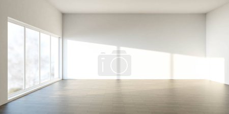 Photo for An unoccupied room featuring spacious windows that allow ample natural light to illuminate the hardwood floor. - Royalty Free Image