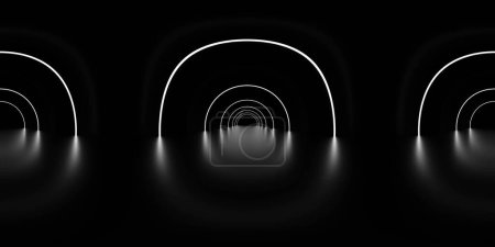 a series of white illuminated arches receding into the distance, creating a symmetrical reflection on a shiny, dark surface. equirectangular 360 degree panorama vr virtual reality content