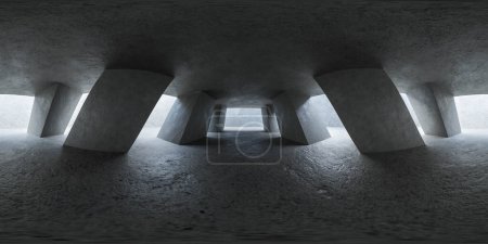 A dimly lit tunnel stretches into the distance, with a solitary light at its far end guiding the way. equirectangular 360 degree panorama vr virtual reality content