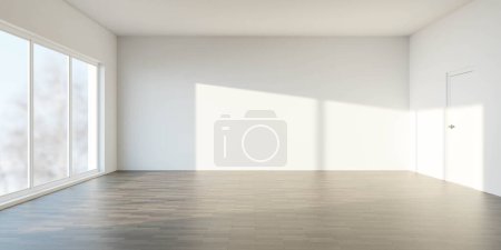 Photo for This photo captures an empty room featuring large windows and a door, allowing ample natural light to fill the space. - Royalty Free Image