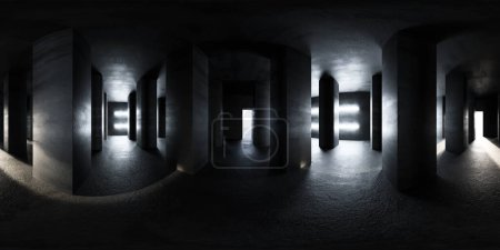 Foto de Un pasillo débilmente iluminado con una fuente visible de luz en el extremo lejano, creando una sensación de anticipación. equirectangular 360 grados panorama vr contenido de realidad virtual - Imagen libre de derechos