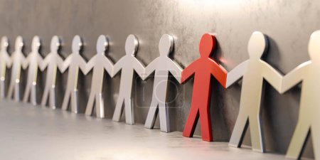A photo of a group of metallic paper people standing next to a wall. teamwork leader business concept
