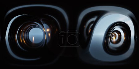 La imagen captura un primer plano de superficies espejadas que crean un efecto visual parecido a túneles infinitos y simétricos con luz cálida en el centro. equirectangular 360 grados panorama vr virtual