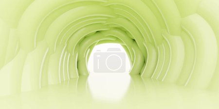 In the foreground, a lush green tunnel forms an intricate pattern as it stretches into the distance against a plain white background. The tunnel creates a mesmerizing visual effect, drawing the