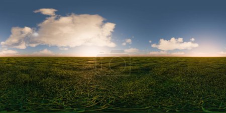 Téléchargez les photos : Un vaste champ couvert d'herbe verte s'étend sous un ciel nuageux. Les nuages se déplacent doucement au-dessus du paysage, projetant des ombres sur le sol en dessous. panorama équirectangulaire 360 degrés vr virtuel - en image libre de droit