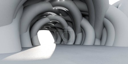 Ein weißer futuristischer Tunnel mit weißer Wand und weißem Fußboden. Das minimalistische Design schafft ein Gefühl von Geräumigkeit und Helligkeit. Die einheitliche Farbgebung vermittelt ein Gefühl von Sauberkeit und