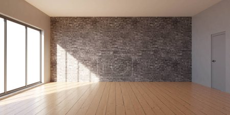 Une chambre dépourvue de mobilier, dotée d'un mur de briques et d'un sol en bois. La simplicité de l'espace met en valeur les textures de la brique et du bois.
