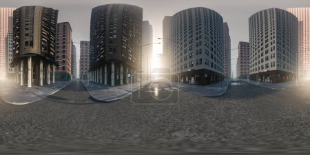 A group of tall buildings standing side by side in an urban environment. The buildings are towering over the surrounding area, showcasing modern architecture and city life. equirectangular 360 degree
