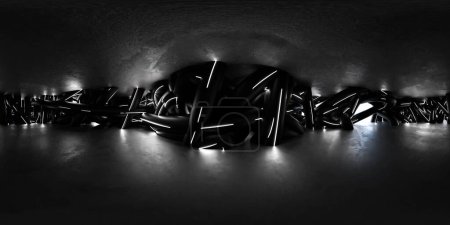 A striking black and white tunnel, resembling an underpass at night. equirectangular 360 degree panorama vr virtual reality content. abstract modern architecture design