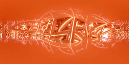 A mesmerizing display of intricate golden swirls creating an elegant symmetrical design against a vibrant orange background, evoking a sense of warmth and artistic complexity. equirectangular 360