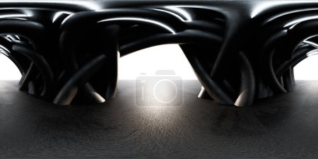 A sleek display of fluid, black organic forms that appear to be melding together. equirectangular 360 degree panorama vr virtual reality content