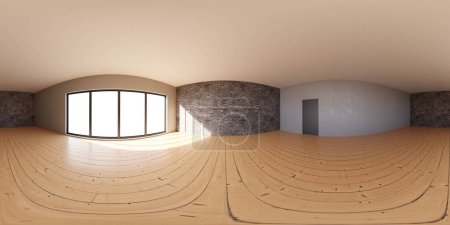 Téléchargez les photos : Cette chambre spacieuse présente un design contemporain avec de grandes fenêtres panoramiques permettant à la lumière naturelle d'inonder les planchers de bois franc poli. panorama équirectangulaire 360 degrés vr réalité virtuelle - en image libre de droit