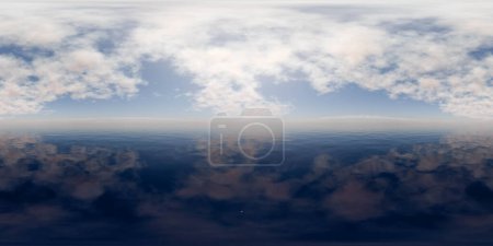 Flying high above the earth, this aerial view captures the vast expanse of the sky and clouds as seen from an airplane window. The clouds form patterns and layers against the blue sky. equirectangular