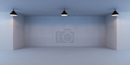 Photo for An empty room with three lights hanging from the ceiling, casting a bright illumination across the space. The room is devoid of any furniture or occupants, with plain walls and a neutral floor. - Royalty Free Image