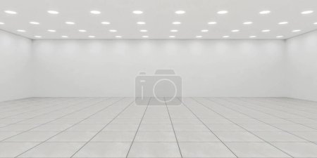 An empty room with white tile floors is illuminated by numerous overhead lights. The room appears clean and minimalistic, with no furniture or decorations present.