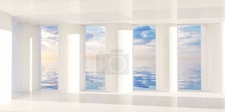 Ein leerer Raum mit großen Fenstern, die einen atemberaubenden Blick auf den weiten Ozean bieten. Das Zimmer ist kahl, ohne Möbel oder Dekorationen, so dass sich der Fokus ausschließlich auf den malerischen Meerblick konzentriert.
