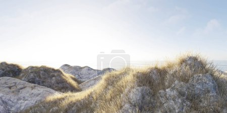 The landscape showcases gentle coastal sand dunes covered with tufts of marram grass under the warm glow of a setting sun. The sky, painted with soft pastel colors, stretches above the tranquil scene