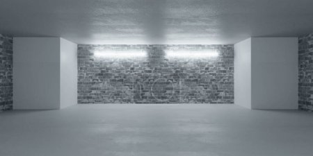An empty room with a red brick wall and two windows. The room is devoid of furniture or decoration, creating a stark and minimalistic environment. Light streams casting shadows on the bare floor.
