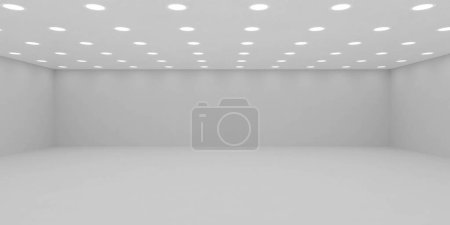 A room with bare white walls and bright ceiling lights, devoid of any furniture or decoration. The space appears open and clean, with a simple and minimalist design aesthetic.